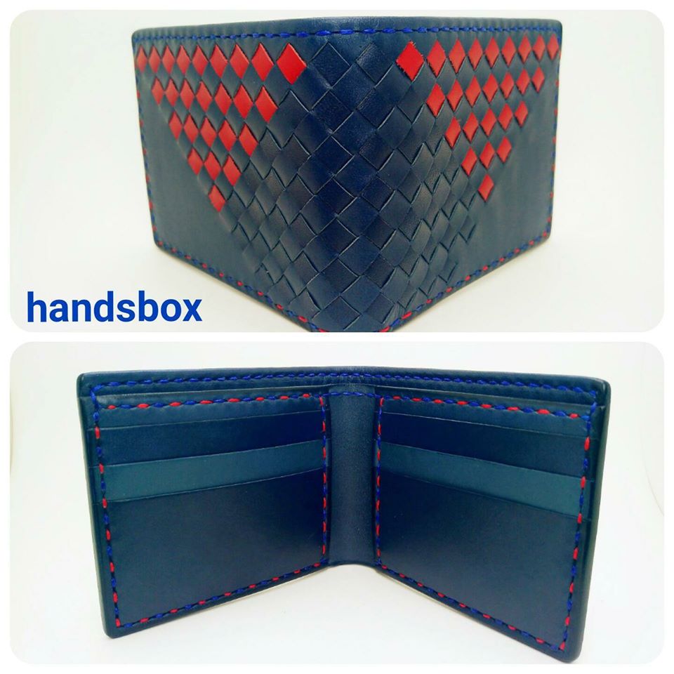 织皮面对褶短银包 DIY 皮革班 handsbox 皮革学堂 BV款 羊皮 编织 格仔 六卡位
