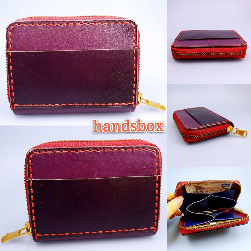 【現货】拉鍊散子包 handsbox 皮革学堂 双卡位 卡片 八达通 纸币 零钱 紫色